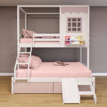Imagem de Beliche Casinha Reta Casal/ Solteiro 02 Gavetas Rosa Escorregador Madeira Maciça Branco/ Rosa Housin