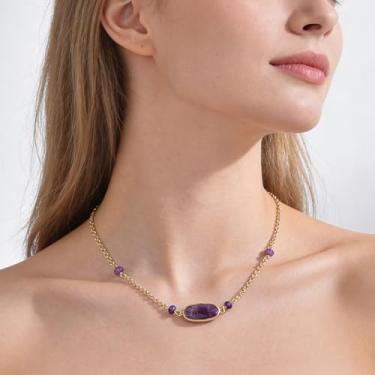 Imagem de Corrente de ametista natural de clavícula feminina leve oval luxuosa colar de pedra central de ametista popular joia solitária joias para todos os dias, joias combinadas, presentes de dia dos