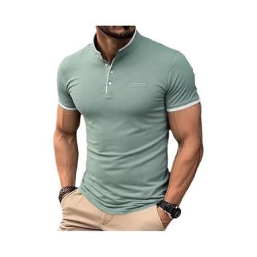 Imagem de Camiseta Casual Masculina De Manga Curta Com Gola Alta Em Cor Sólida, 