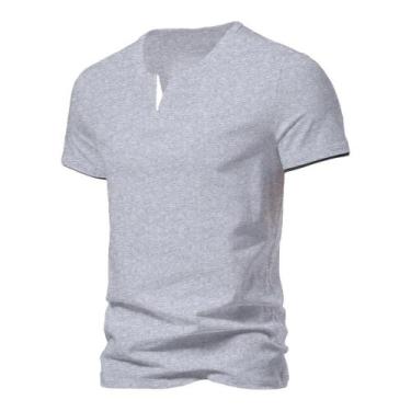 Imagem de Camiseta Henley Masculina Slim Fit Com Decote Em V Para O Verão, Respi