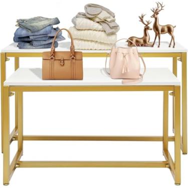 Imagem de Beaccoss Conjunto de 2 peças de mesas de encaixe modernas douradas, prateleira de metal para sapatos, bolsas, casa, lojas de roupas, lojas de varejo – capacidade de carga de 50 kg