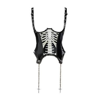 Imagem de MEOWCOS Women Velvet Medieval Corset Gothic Skull Print Corset Top Overbust Boned Bustier Bodice