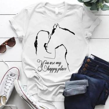 Imagem de Camiseta Feminina Engraçada Com Estampa De Cavalo, Gola Redonda, Manga