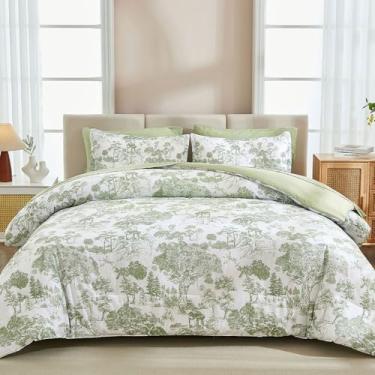 Imagem de DJY Conjunto de edredom casal, verde sálvia, 7 peças, edredons botânicos completos com lençóis, estampa elegante, microfibra macia, reversível, conjunto completo para todas as estações