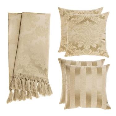 Imagem de Kit Manta para Sofá Jacquard 1.8x1.4m + 4 Capas de Almofada 45x45cm - Conjunto Protetor e Decorativo com Franjas Artesanais(Bege Fendi 85)