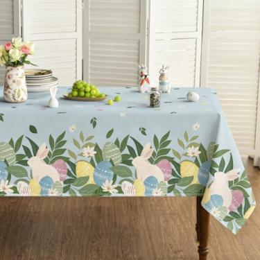 Imagem de Horaldaily Toalha de mesa retangular de Páscoa 132 × 178 cm, ovos de Páscoa, coelhos, anêmona, flores, folhas, samambaias, lavável, capa de mesa sazonal para decoração de festa, piquenique, jantar