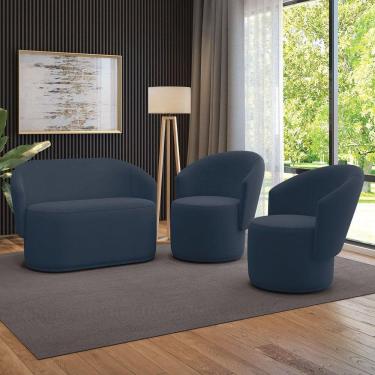 Imagem de Sofá Namoradeira E 2 Poltronas Orgânica Para Sala Malu Suede M11 - D`rossi Azul Marinho