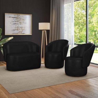 Imagem de Sofá Namoradeira E 2 Poltronas Orgânica Para Sala Malu Sintético Pu M11 - D`rossi Preto