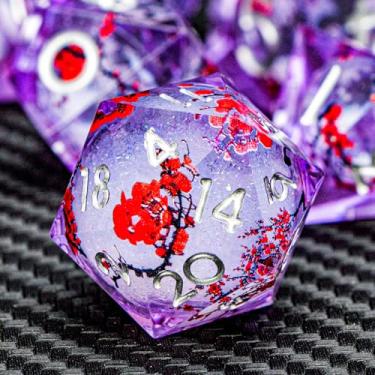 Imagem de ARUOHHA DND Resin Dice Plum Blossom Liquid Core Silver Purple Sharp Edged Polyhedral Dragons Dice Set with Gift Box, Dungeons D and D Dice Compatible with D&D Role Playing Game D20 D12 D8 D6 D4