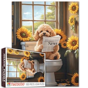 Imagem de Tucocoo Quebra-cabeça de cachorro de banheiro engraçado adulto quebra-cabeça de 1000 peças, poodle fofo lendo um jornal no banheiro com quebra-cabeças de girassol, quebra-cabeças desafiadores para