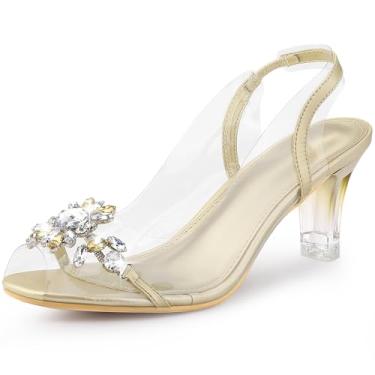 Imagem de Perphy Sandália feminina de vidro Cinderela de salto grosso transparente com strass e flor Peep Toe, Dourado, 36