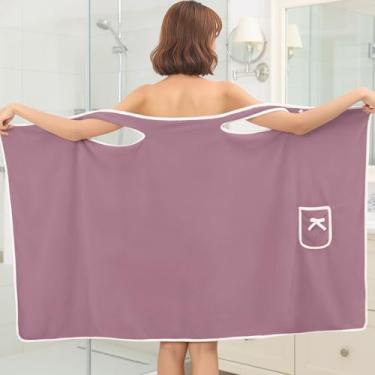 Imagem de Toalha de banho com design de bolso e laço, toalha de roupão de banho macia de secagem rápida para praia, piscina, banho e natação, roxo