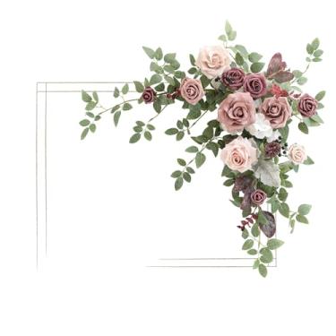 Imagem de Ling's Moment Sinal de boas-vindas floral de casamento, guirlanda de fundo de flores artificiais, rosa empoeirada e malva para cerimônia, recepção, porta, parede, cavalete para decoração de casa,