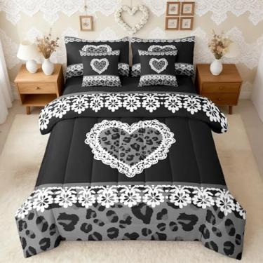 Imagem de Feelyou Conjunto de edredom com estampa de leopardo, damasco, 7 peças, solteiro, estampa de coração de guepardo, preto, para crianças, meninos, meninas, branco, decoração de quarto macio