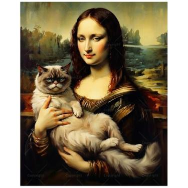 Imagem de Kit de pintura por números Mona Lisa e gato para adultos - Pintura clássica DIY em tela, conjunto de tinta acrílica, adequado para iniciantes, arte para decoração de casa ou presentes (moldura de 30 x