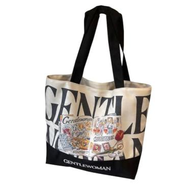 Imagem de RYZGOJV Sacola grande de lona de algodão super forte, bolsa de pano reutilizável para compras de supermercado, sacola elegante para mulheres - letras pretas