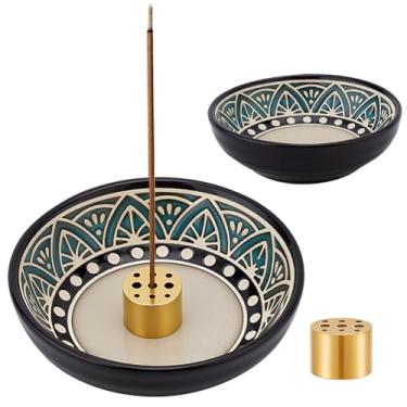 Imagem de WEBEEDY 2 peças de incenso de cerâmica com design boêmio, suporte de incenso com 2 suportes de latão para cones, decoração de casa, ioga, meditação, decoração de Natal, presentes, 9,4 cm de diâmetro