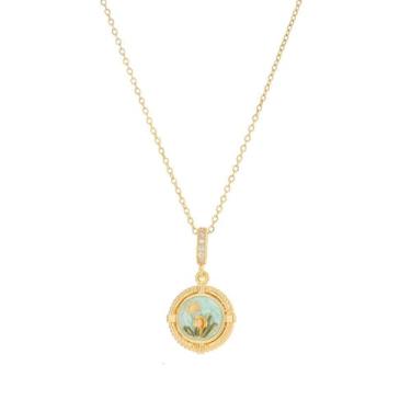 Imagem de Colar com pingente de aço inoxidável camafeu de flores pintadas delicadas para mulheres, adolescentes, banhado a ouro, zircônia cúbica, pingentes redondos em relevo, corrente ajustável, gargantilha de