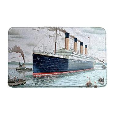 Imagem de Tapete de banho náutico Titanic Ship Party Decor Retro Classic Romance Love Movie Ocean Scenery Watercolor Boys Girls Birthday Bathroom Tapete de banheira com forro 48 x 74 cm Azul escuro