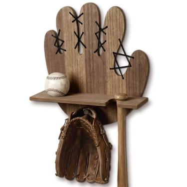 Imagem de AceOrbit Suporte de taco de beisebol de madeira e prateleira de exibição de bola de palmeira montado na parede, lembranças esportivas e colecionáveis, organizador de armazenamento flutuante rústico