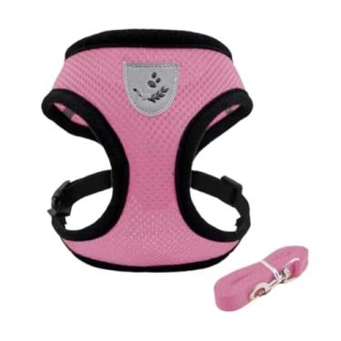 Imagem de Coleira Peitoral Com Guia para Cães E Gatos Colete Respirável Regulável (Rosa com preto,G)
