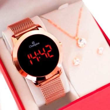 Imagem de Relógio Champion Feminino Rosê Digital Led Vermelho CH40106Z Kit Colar e Brincos-Feminino