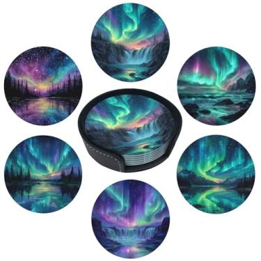 Imagem de sunwarshile Porta-copos para bebidas com suporte de porta-copos redondos de couro, conjunto de 6 xícaras, canecas, tapete para bar de cozinha doméstica (aurora boreal)