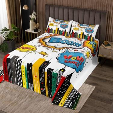 Imagem de Colcha de cidade moderna, tamanho king, super-tema, herói, conjunto de cama com 3 peças, para decoração de quarto de crianças, meninos, meninas, mulheres, conjunto de edredom de edifício colorido