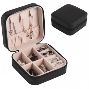 Imagem de Porta-Jóias Portátil de Viagem para Mulheres, Caixa Organizadora com Compartimentos para Colar, Brincos, Anéis e Pulseiras, Estojo Compacto com Zíper (Preto)