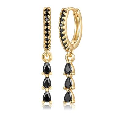 Imagem de Brincos pendentes de ouro e preto para mulheres, banhados a ouro 14 K, delicados, modernos, pendurados, brincos pequenos formais com pingentes de zircônia cúbica, brincos de formatura