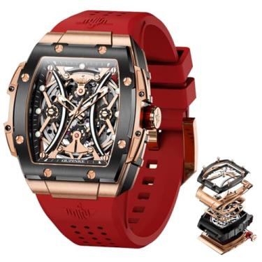 Imagem de OUPINKE Relógio masculino com corda automática de luxo esqueleto mecânico vestido de negócios relógios de pulso quadrado calendário preto, ouro rosa vermelho e preto, relógio masculino