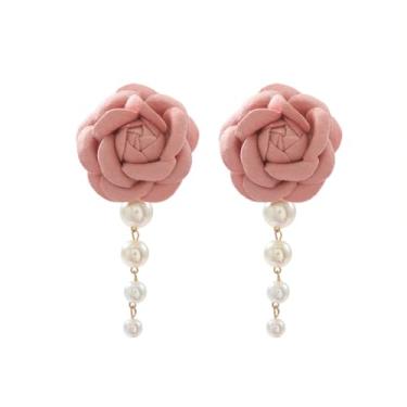 Imagem de ONLYJUMP Brincos femininos longos de borla rosa de veludo imitação de pérola/diamante de água com borla multicamadas brincos florais modernos exagerados presentes de aniversário e dia dos namorados