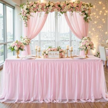 Imagem de Toalhas de mesa rosa para mesas retangulares de 1,8 m, toalha de mesa de tule, toalha de mesa rosa, retangular, 1,8 m, elastano elástico, capas de mesa para chá de bebê, meninas, festa de aniversário
