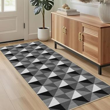 Imagem de Tapete geométrico moderno 5 x 15 cm para entrada cinza preto branco tapete de área lavável à máquina tapete geométrico pequeno tapete antiderrapante impresso tapete baixo para cozinha, banheiro