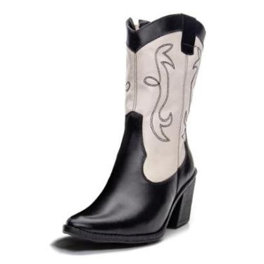 Imagem de Bota Feminina texana Pierrô cano e salto médios couro legítimo cor preta e off white-Feminino