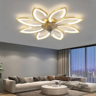 Imagem de Ventilador de teto LED com iluminação moderna, design em formato de flor com intensidade regulável, silencioso e com controle remoto para sala de estar e sala de jantar (Dourado, Ø 90cm)