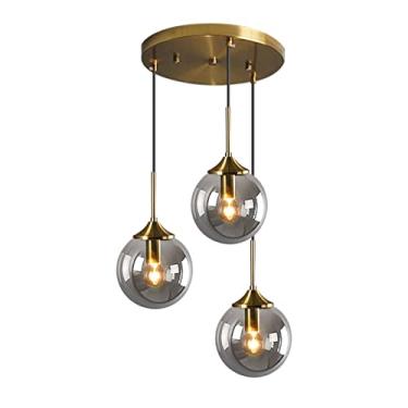 Imagem de Luminária de teto pendente com globo de vidro, 3 lâmpadas, cabo ajustável de 1,5 m, estilo lustre, cor dourada, ideal para ilha de cozinha, sala de jantar e quarto (cinza fumê).