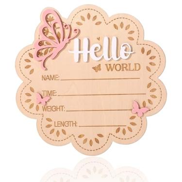 Imagem de Placa Anúncio Bebê Madeira, Formato Flor Hello World Placa de Boas-Vindas Recém-Nascido com Suporte Borboleta Adereço Fotos para Decoração Enxoval Quarto Hospital Baby Shower