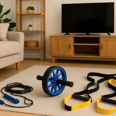 Imagem de Kit Treino Funcional Completo com Suspensão, Roda Abdominal Dupla e Corda de Pular(Azul)