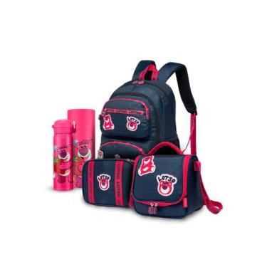Imagem de Kit Mochila Lancheira Estojo Garrafa Juvenil Lotso Toy Stoy Reforçada 