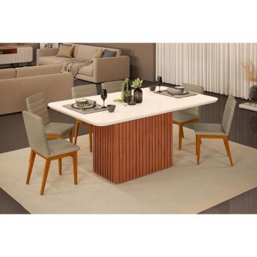 Imagem de Conjunto: Mesa de Cozinha Canes c/ Tampo Madeirado c/ Vidro Curvo 170x90cm e 6 Cadeiras Sofia Freijo/Off White - Ipe/Linho Bege - DJ Móveis