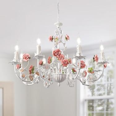 Imagem de Lustre vintage com flores, luminária de teto pendente em metal branco com rosa de cerâmica rosa, lustre de estilo francês campestre com soquete E14 para velas, ideal para quarto, sala de est