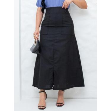 Imagem de Saia Midi Social de Linho Básica Lisa com Bolso Fenda Elegante Soltinh