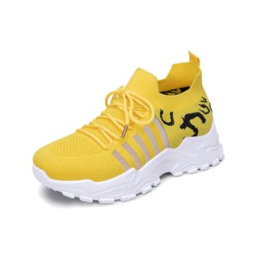 Imagem de Huwzder Tênis feminino com estampa de leopardo, casual, moderno, para caminhada, tênis de corrida esportivo confortável, Amarelo, 40
