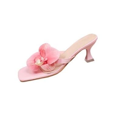 Imagem de Sandália feminina com detalhe floral com bico quadrado e salto fino para uso casual primavera verão, rosa, 39