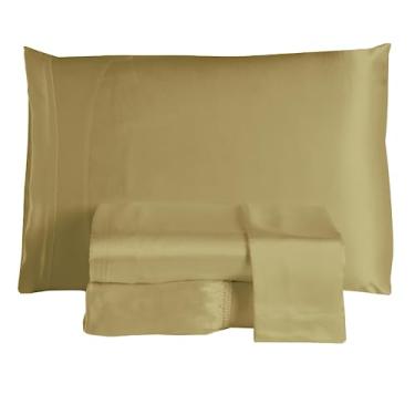 Imagem de Jogo de Lençol 4 Peças Casal Queen Sublime Completo, Cetim Charmousse, 100% Poliéster, Bege Champanhe, 300 Fios (Dourado)