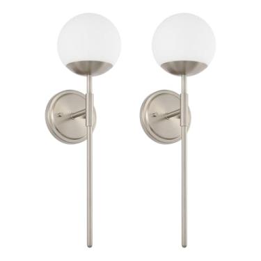 Imagem de Ntsunxeko Conjunto de 2 arandelas de parede, luzes modernas de vidro de leite, luzes de parede globo de níquel escovado, lâmpadas de parede para banheiro, quarto, sala de estar, corredor, espelho