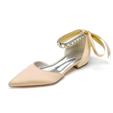 Imagem de Pahelyin Sapatilhas femininas de cetim com bico fino de cristal para noiva, bico fechado, sapatos de noiva com tira no tornozelo, vestido de formatura e laço, Champanhe, 40