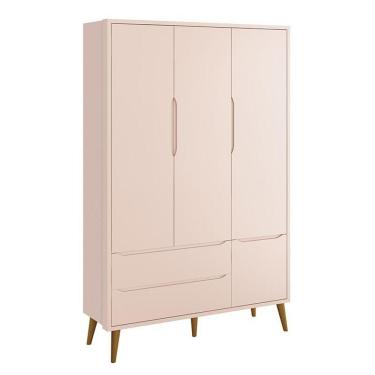 Imagem de Guarda Roupa Infantil 3 Portas Theo Retrô Rosa Fosco Com Pés Amadeirado - Reller Móveis Rosa Fosco