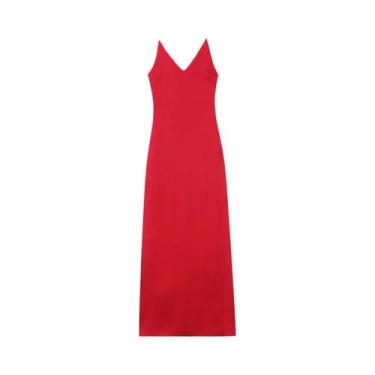 Imagem de Vestido Maxi Feminino De Cetim Com Decote V E Costas Abertas, Solto E 